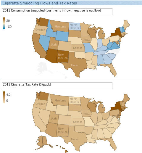 In the top map, rates are in percentage terms. Note: Smuggling rates are not available for Alaska, Hawaii, North Carolina and the District of Columbia. Cigarette tax rates have changed for some states since 2011. Map created using Many Eyes.