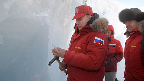 Russian President Vladimir Putin visits the Polar Pilots Ice Cave on Alexandra Land Island in the Franz Josef Land Archipelago. March 29, 2017. ©Alexei Druzhinin