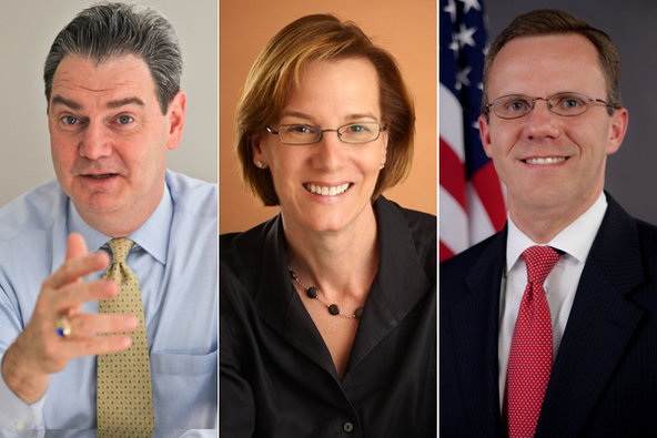 From left, Sean Coffey, Fabrice Tourre's attorney; Katherine B. Forrest, the president judge; and Matthew Martens, a lawyer for the S.E.C.