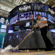 The Knight Capital trading post at the New York Stock Exchange. Some brokerage firms have yet to resume business with Knight.