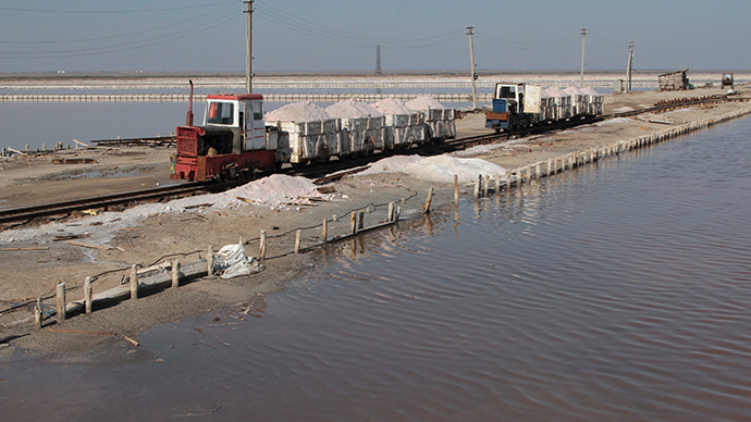 Trains are loaded with sea salt at a salt production facility at the Sasyk-Sivash lake, Ukraine (Reuters / Pavel Rebrov)