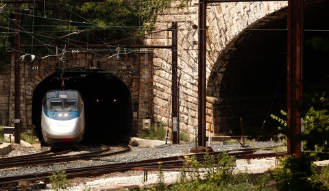 An Amtrak train navigates a turn near Baltimore.