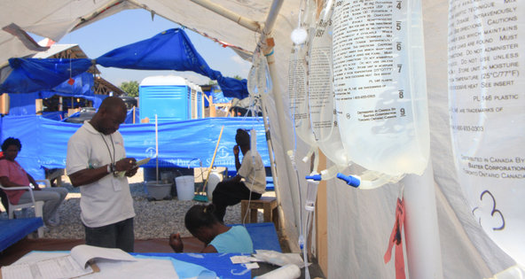 Intravenous solutions made by Baxter International were donated in Haiti.