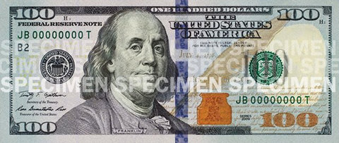 The new design for the $100 bill, as provided by the Treasury Department.