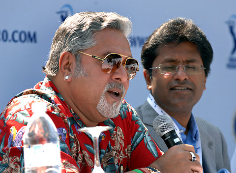 Vijay Mallya, co-owner of the Indian Premier League team Bangalore Royal Challengers, left, with Lalit Modi, former chairman of the Indian Premier League at a press conference in Goa, in this Feb. 6, 2009 file photo.