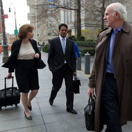 Patricia A. Millett, left, Samid Guha and Terence Lynam, lawyers for Raj Rajaratnam, outside a federal court in Lower Manhattan