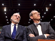 HIGH STAKES Jon S. Corzine, left, former chairman and chief executive of MF Global Holdings, and his lawyer Andrew Levander.