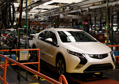 Opel Ampera, on the production line in Hamtramck, Mich., in May.
