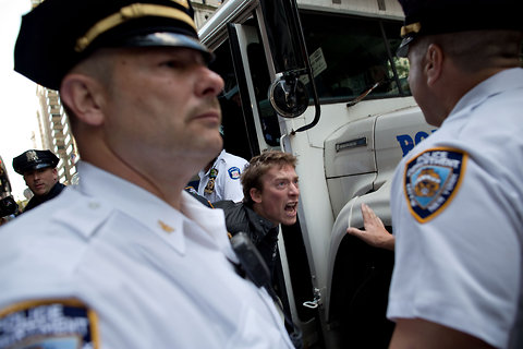 A protester was arrested on Monday in Lower Manhattan on the first anniversary of the Occupy Wall Street movement.