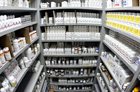 Pills line the shelves of a pharmacy in Los Angeles.