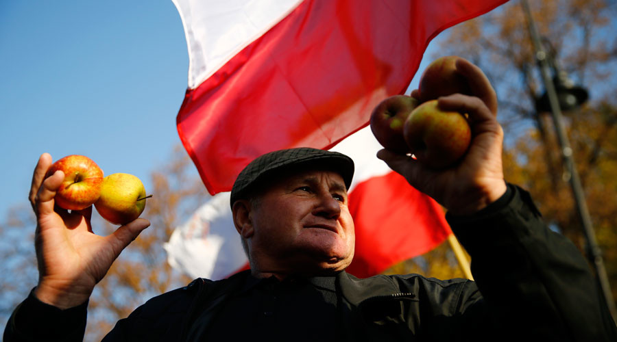 A man holds up apples as he takes part in the growers' protest in front of the Prime Minister's Chancellery November 4, 2014. The fruit growers were protesting against the lack of sufficient aid from the Polish government after a Russian embargo on their products was imposed. © Kacper Pempel 