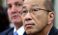 Brian Prince, left, newly named chairman of Aozora Bank, and Shinsuke Baba, newly named president and chief executive.