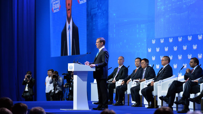Russian Prime Minister Dmitry Medvedev speaks at the 13th International Investment Forum's plenary meeting Russia between Europe and Asia: New Regional Policy under Contemporary Conditions in Olympic Park, Sochi. (RIA Novosti / Alexander Astafyev)