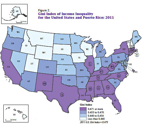 Source: U.S. Census Bureau, 2011 American Community Survey. A state abbreviation surrounded by a circle  denotes the value for the state is not statistically different from the overall country's Gini index.