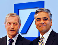 Jürgen Fitschen, left, and Anshu Jain, the co-chief executives of Deutsche Bank, spoke in Frankfurt on Tuesday.