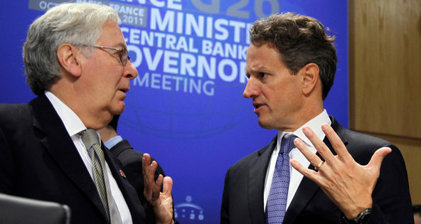Mervyn A. King, left, the Bank of England governor, and Timothy F. Geithner, the Treasury secretary, in Paris in 2011.