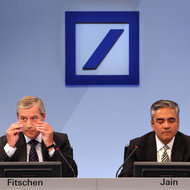 Jürgen Fitschen, left, and Anshu Jain, the co-chief executives of Deutsche Bank, spoke in Frankfurt on Tuesday.
