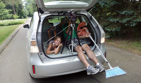To film a jogging scene, a tripod was tied into the back of a car.