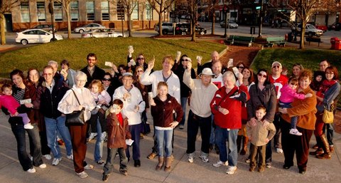 Cash mob participants in Kent, Ohio.
