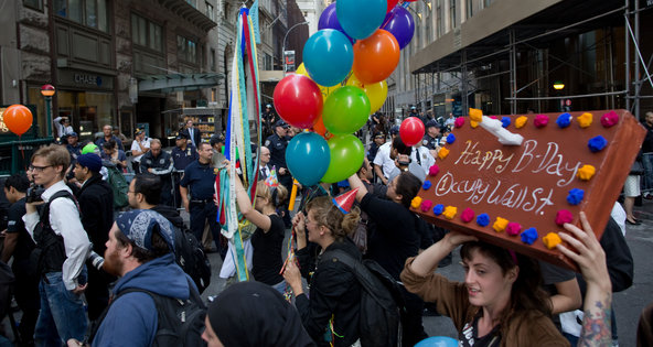 Occupy Wall Street protesters gathered on Monday near Zuccotti Park in Lower Manhattan.