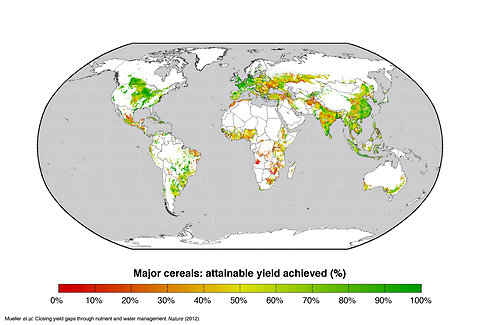 Regions of the world where food production approaches the highest practicable yields, shaded in green, and regions where output lags, in red.  