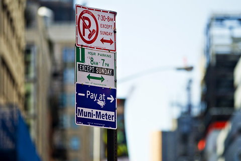A sign outlines parking rules in New York City.