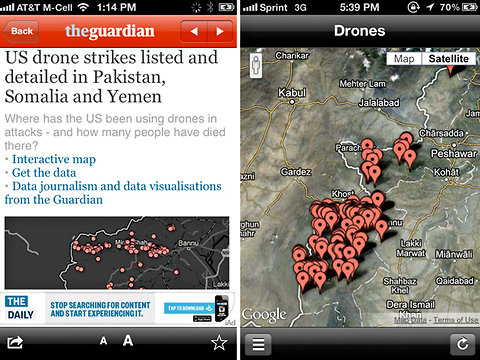 Information about drone strikes was used both in an article in the Guardian's app, left, and in an app created by a graduate student at New York University.