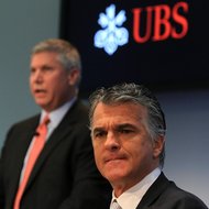 Sergio P. Ermotti, right, chief of UBS, and Thomas C. Naratil, the Swiss bank's chief financial officer.