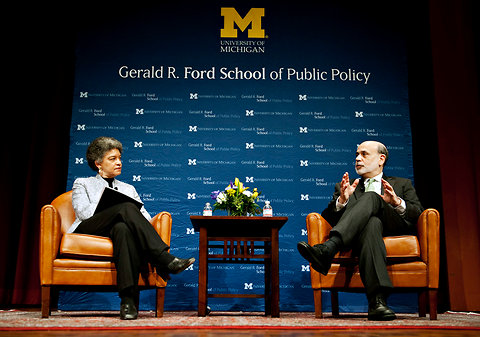 Ben S. Bernanke, the Fed chairman, at the University of Michigan on Monday with Susan Collins, dean of the Ford School of Public Policy.