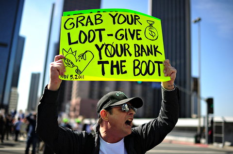 An anti-bank protester in Los Angeles.