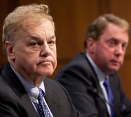 James Giddens, left, trustee of the liquidation of MF Global, and Terrence Duffy, executive chairman of CME Group, at a Senate panel in Washington.