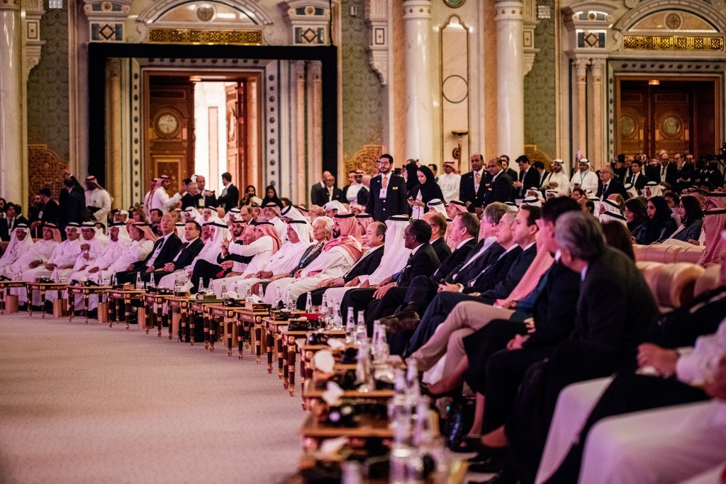 Crown Prince Mohammed bin Salman, center, at the Future Investment Initiative last month in Riyadh, Saudi Arabia.